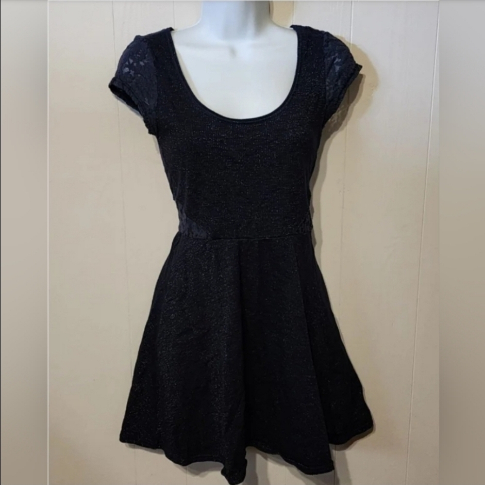 American Eagle Dress XS Mini Navy Cap Sleeve Sparkle Lace Sheer Back A377